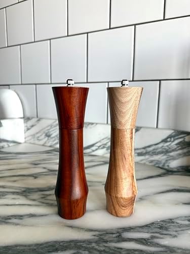 8-Inch Salt and Pepper Grinder Set Refillable Acacia Wood Mills