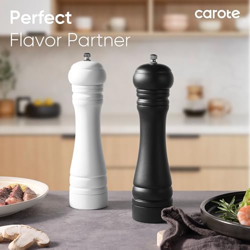 CAROTE Wooden Salt Pepper Grinder Set Adjustable Settings Eco-Friendly Refillable Design