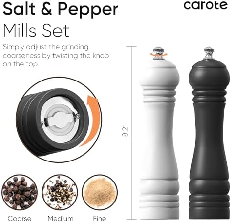 CAROTE Wooden Salt Pepper Grinder Set Adjustable Settings Eco-Friendly Refillable Design