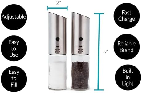 Grind Gourmet - Electric Salt Pepper Grinder Set USB Rechargeable Stainless Steel