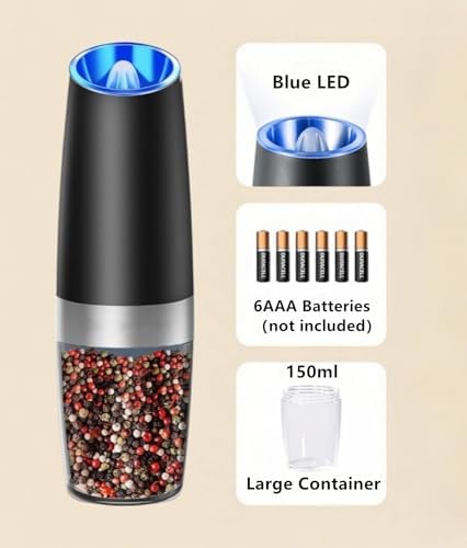 Gravity Electric Salt Pepper Mill One-Hand Operatedprecise grinding Black