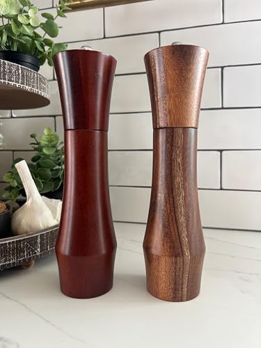 8-Inch Salt and Pepper Grinder Set Refillable Acacia Wood Mills