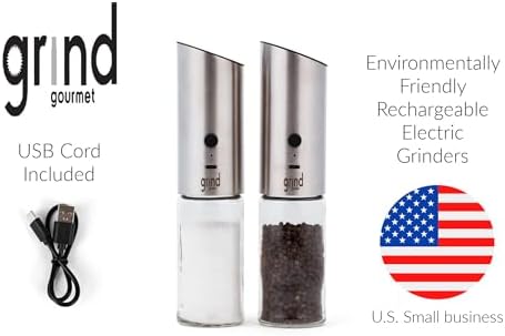 Grind Gourmet - Electric Salt Pepper Grinder Set USB Rechargeable Stainless Steel