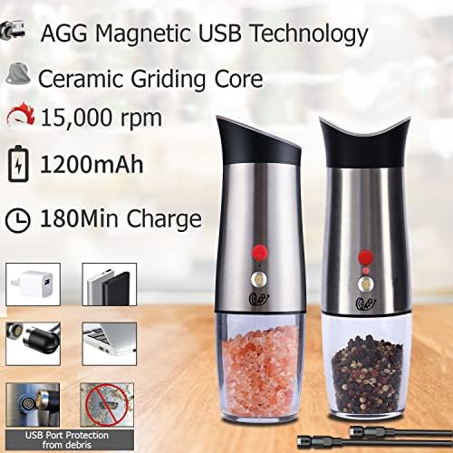 Rechargeable Salt and Pepper Grinder Set with Magnetic USB Cable
