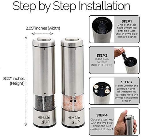 Electric Salt Pepper Mill Set - Battery Operated with LED Light