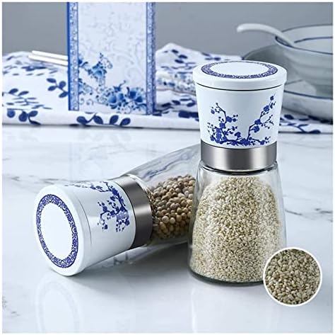 Refillable Pepper Mill Salt Pepper Grinder Set Blue White Porcelain 2-Piece