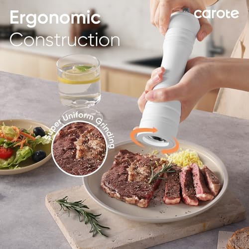 CAROTE Wooden Salt Pepper Grinder Set Adjustable Settings Eco-Friendly Refillable Design