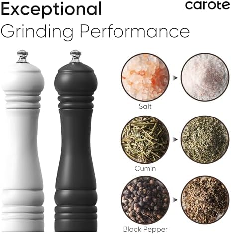 CAROTE Wooden Salt Pepper Grinder Set Adjustable Settings Eco-Friendly Refillable Design