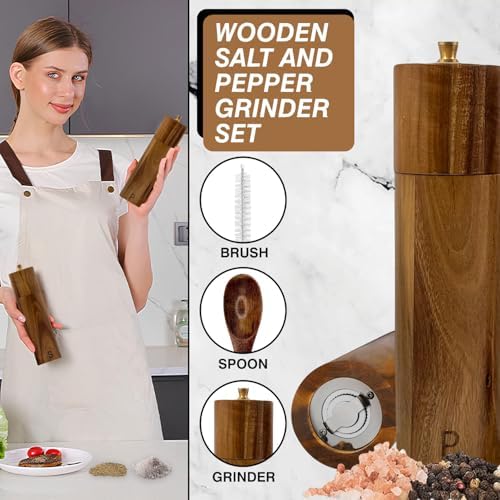 Hands-Free Salt Pepper Grinder Set Wooden