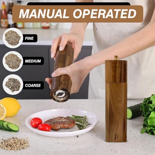 Hands-Free Salt Pepper Grinder Set Wooden