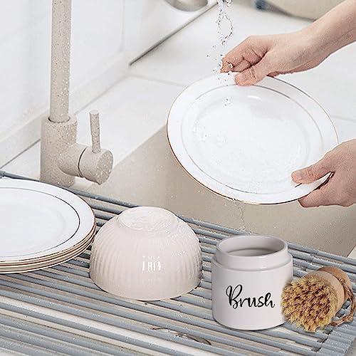 Ceramic Dish Brush Holder Farmhouse Kitchen Scraping Stand White
