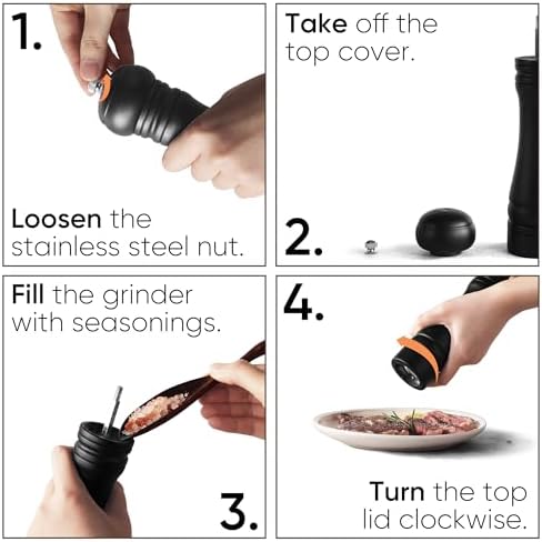 CAROTE Wooden Salt Pepper Grinder Set Adjustable Settings Eco-Friendly Refillable Design