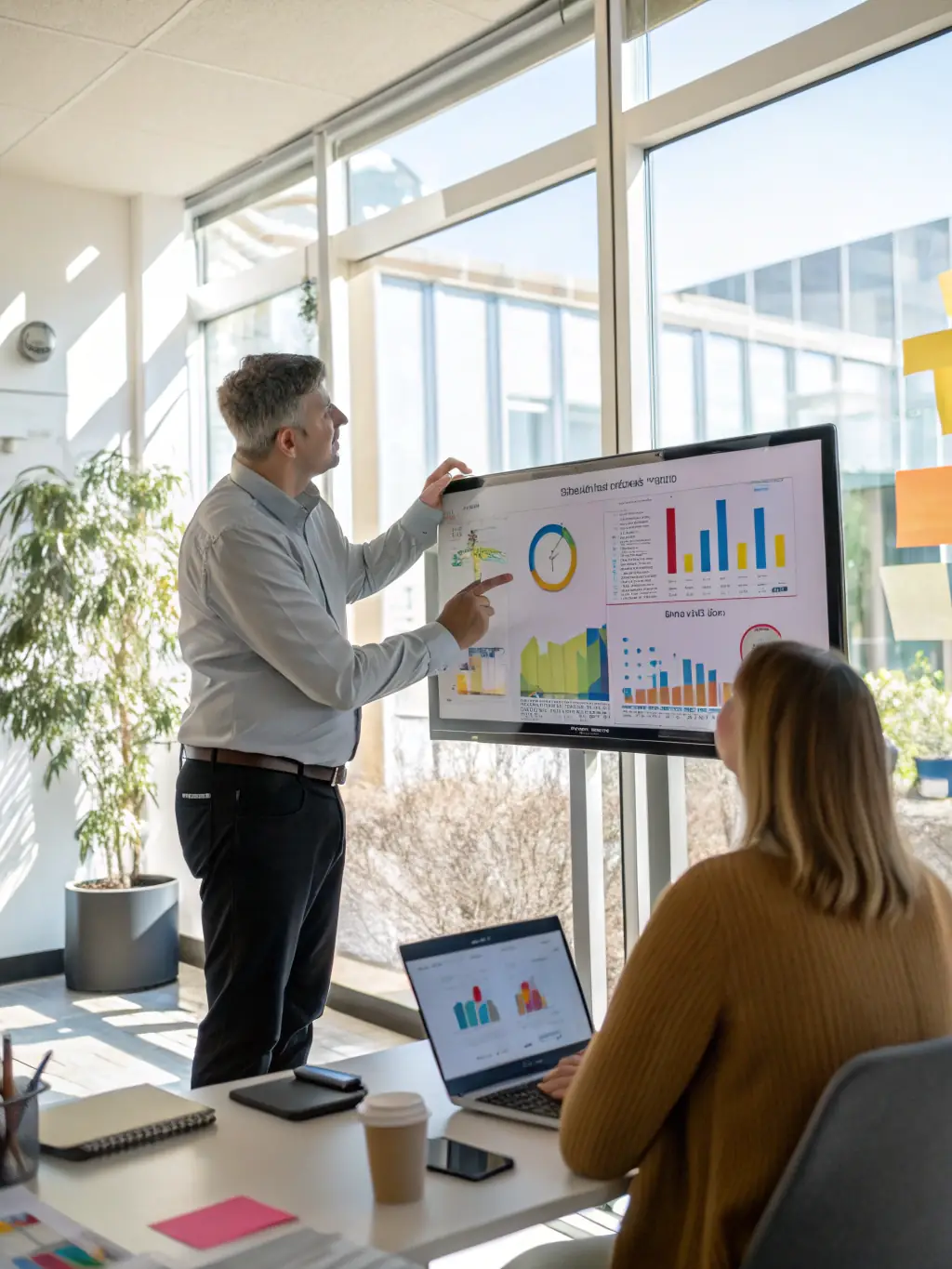 A professional photograph of a consultant deeply analyzing complex data visualizations on a large screen, showcasing ECLIPTORTECH LTD's expertise in technology strategy.